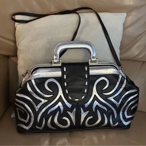 Elegant Black and Silver Genuine Leather Handbag